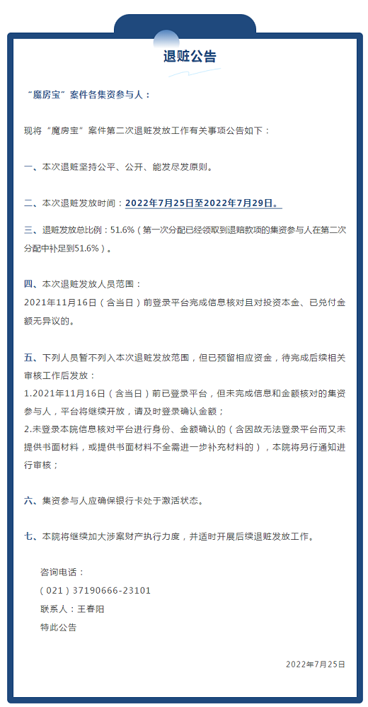上海暴雷P2P“魔房宝”最新进展：第二次退赃已开启 退赔比例51.6%
